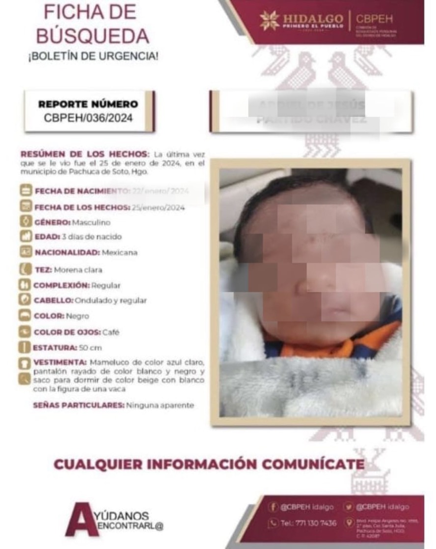 Localizan a bebé robado en Hidalgo