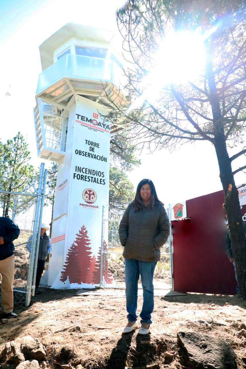 Nelly Rivera supervisa construcción de torre de vigilancia forestal en Temoaya