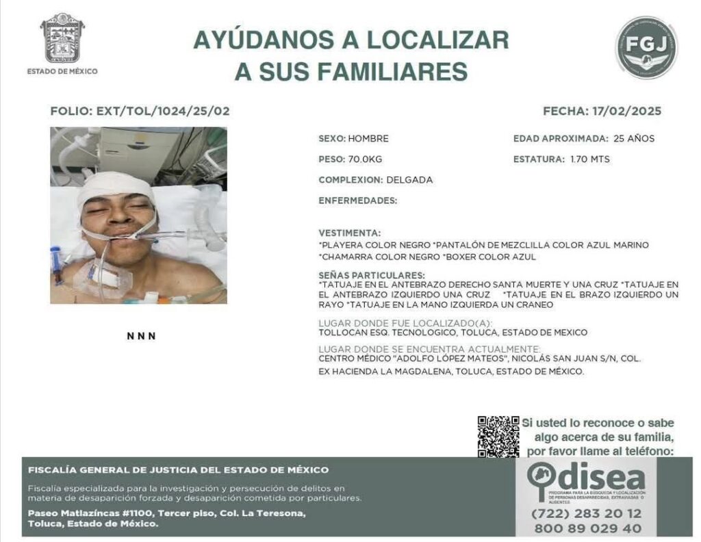 Activan ficha para identificar a joven atropellado en Tollocan