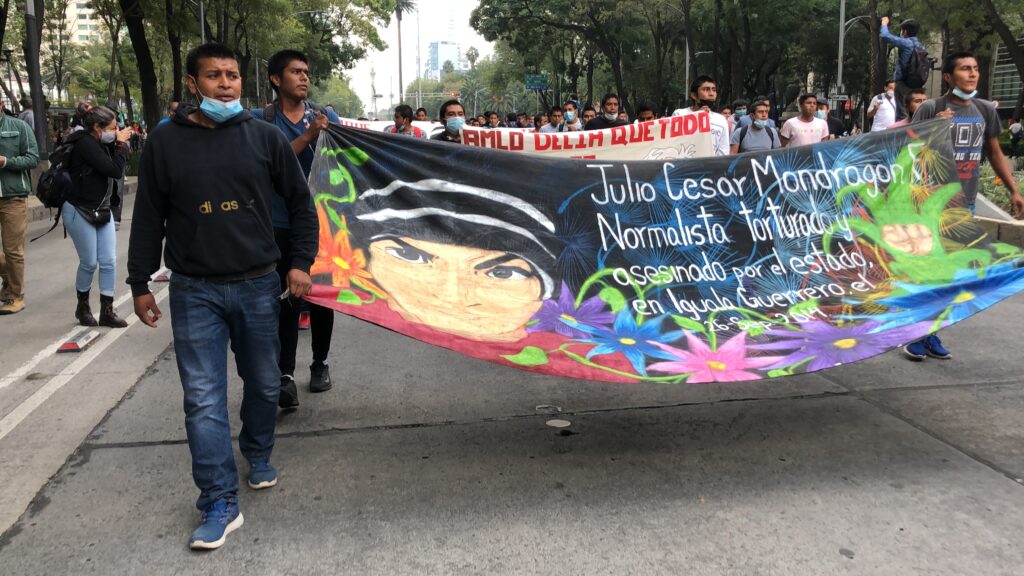 Su rostro aparece en las marchas por la verdad y justicia para los normalista rurales.