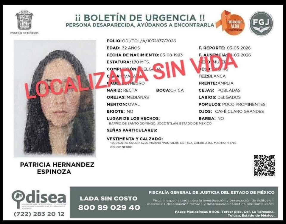 Hallan sin vida a Patricia; desaparecida en Jocotitlán