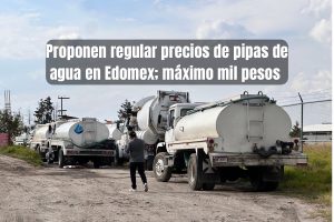 Fila de camiones cisterna en el Estado de México bajo propuesta de regular el precio de pipas de agua en Edomex a mil pesos.
