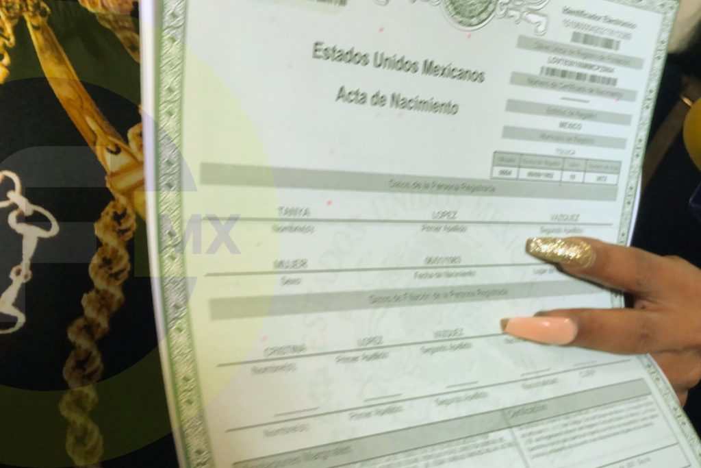 Acta de nacimiento utilizada para el trámite administrativo de cambio de nombre en el Estado de México ante el Registro Civil.