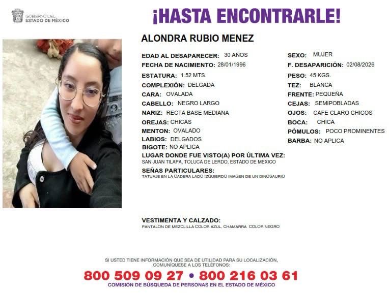 Ficha de búsqueda de Alondra Rubio, víctima de feminicidio, desaparecida el 2 de agosto de 2026 en San Juan Tilapa, Toluca